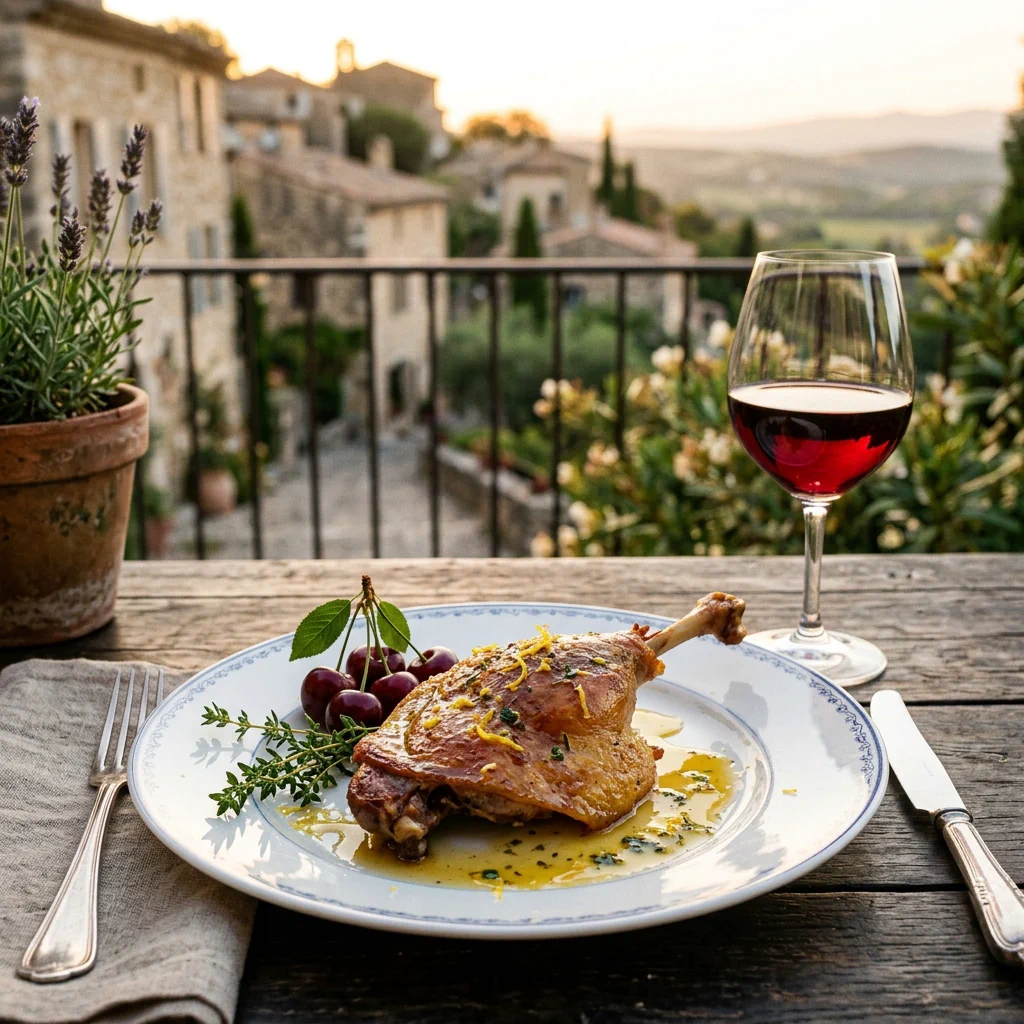 Crispy duck confit leg drizzled with lemon butter sauce, served with bing cherries and thyme on a French bistro table overlooking a Provence village at golden hour, with a glass of red Burgundy