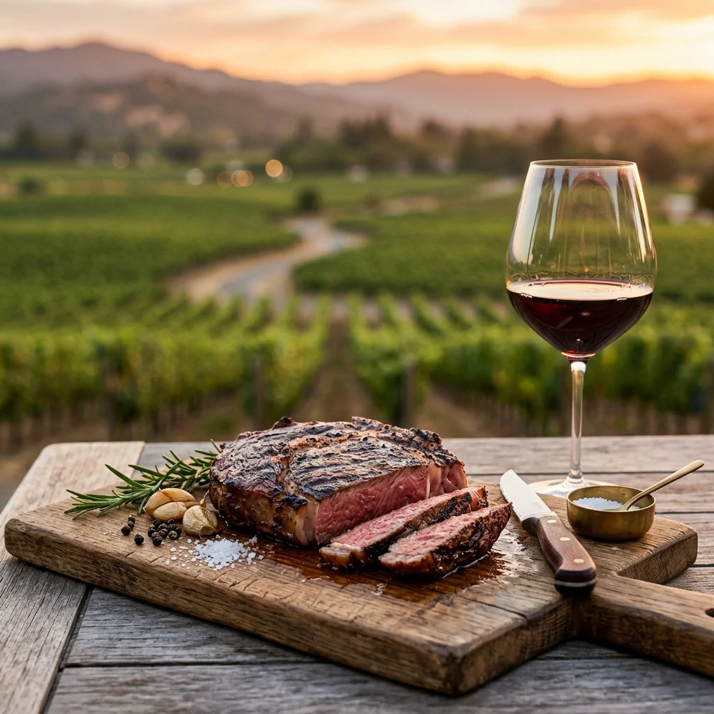 Perfectly grilled medium-rare ribeye with charred grill marks resting on a wooden cutting board with rosemary and garlic, beside a glass of Napa Cabernet Sauvignon, on a cedar table overlooking Napa Valley vineyards at sunset