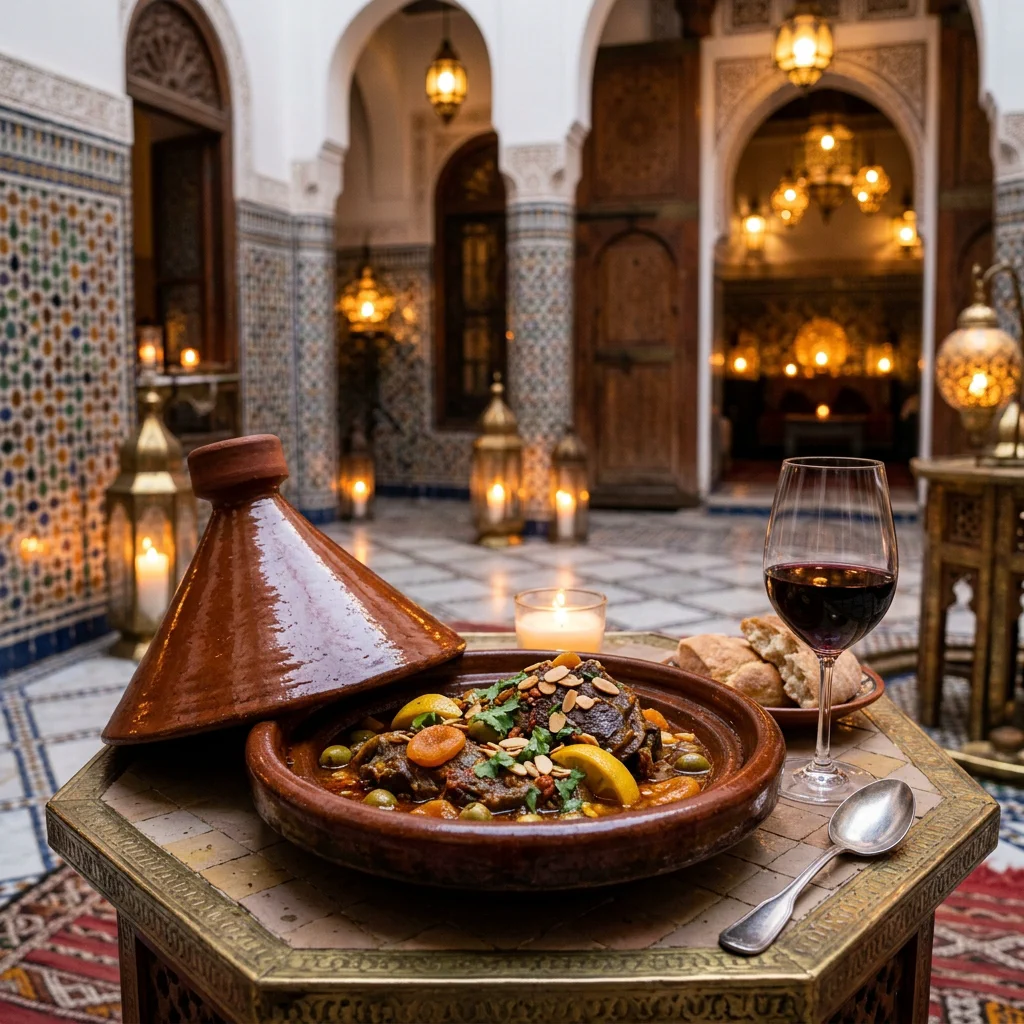 Traditional Moroccan lamb tagine in a glazed terracotta pot with the conical lid resting beside it, lamb braised with dried apricots, preserved lemon, olives and almonds, served with a glass of Côtes du Rhône in a candlelit Moroccan riad