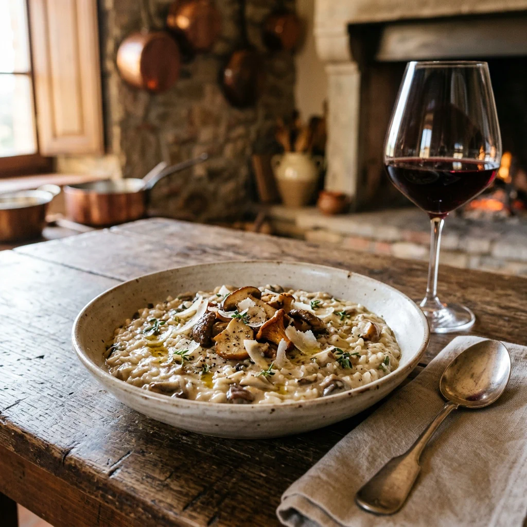 Creamy wild mushroom risotto with porcini, chanterelle and shiitake mushrooms, finished with shaved Parmesan and thyme, served alongside a glass of Pinot Noir on a rustic farmhouse table with a stone fireplace and copper pots in the background