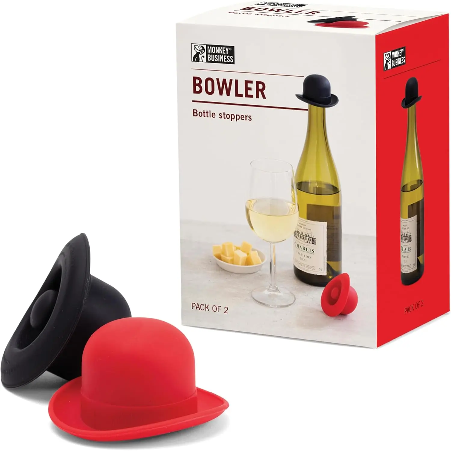 Monkey Business Silicone Wine Stopper Bowler Hat Set of 2